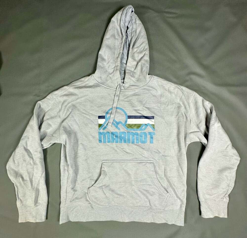 Marmot Coastal Logo Graphic Gray Pullover Hoodie Sweatshirt Size Large